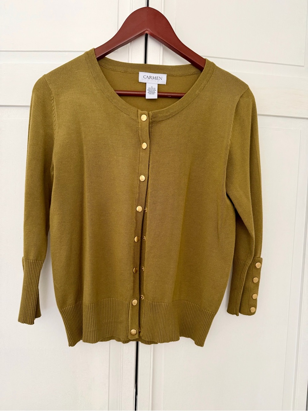 Carmen Marc Valvo Olive Green Button-Front Cardigan